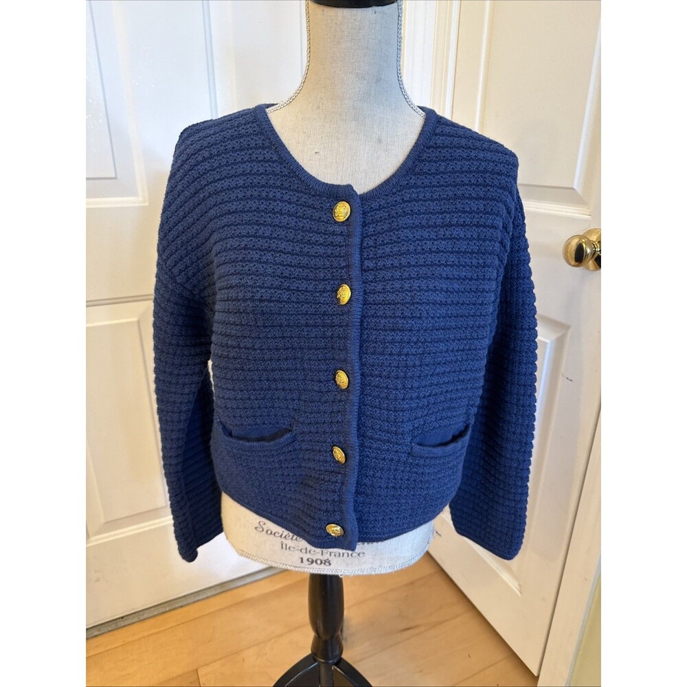 OLD MONEY Gap Blue Cable Knit Cardigan Sweater With Gold Buttons Size M